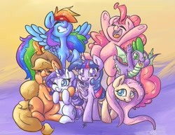 Size: 2048x1583 | Tagged: safe, artist:leadhooves, imported from derpibooru, applejack, fluttershy, pinkie pie, rainbow dash, rarity, spike, twilight sparkle, twilight sparkle (alicorn), alicorn, dragon, earth pony, pegasus, pony, unicorn, armpits, colored pupils, cute, end of ponies, eyes closed, female, hug, male, mane seven, mane six, mare, one eye closed, open mouth, smiling, winged spike, wings