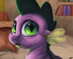 Size: 1240x1000 | Tagged: safe, artist:tijopi, imported from derpibooru, spike, dragon, bust, golden oaks library, looking back, male, open mouth, portrait, realistic, signature, solo
