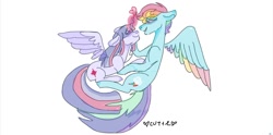 Size: 1280x637 | Tagged: safe, artist:mlpbaby, imported from derpibooru, rainbow dash, twilight sparkle, twilight sparkle (alicorn), alicorn, pegasus, pony, colored wings, colored wingtips, female, glowing horn, heart, horn, lesbian, looking at each other, magic, mare, shipping, simple background, spread wings, twidash, white background, wings