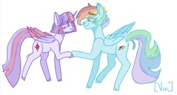 Size: 1280x688 | Tagged: safe, artist:mlpbaby, imported from derpibooru, rainbow dash, twilight sparkle, twilight sparkle (alicorn), alicorn, pegasus, pony, alternate hairstyle, colored wings, colored wingtips, ear piercing, earring, female, holding hooves, horn, horn ring, jewelry, lesbian, looking at each other, mare, piercing, ring, shipping, simple background, twidash, wedding ring, white background