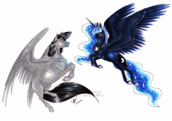 Size: 3422x2394 | Tagged: safe, artist:teabee-art, imported from derpibooru, princess luna, oc, alicorn, pegasus, pony, duo, flying, simple background, traditional art, white background