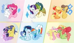 Size: 1165x686 | Tagged: safe, artist:purplepotato04, imported from derpibooru, applejack, caramel, comet tail, double diamond, fluttershy, pinkie pie, pistachio, rainbow dash, rarity, soarin', tree hugger, twilight sparkle, alicorn, pegasus, pony, unicorn, blushing, carajack, cometlight, doublepinkie, female, flutterhugger, lesbian, male, raristachio, shipping, soarindash, straight, twilight sparkle (alicorn)