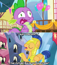 Size: 1272x1440 | Tagged: safe, edit, edited screencap, editor:wild stallions, imported from derpibooru, screencap, flash sentry, spike, dragon, pony, twilight's kingdom, balloon, faic, male, open mouth, ponyville, ponyville town hall, pun, royal guard, ruler, solo, stallion, sweat, the future ruler of equestria, wordplay