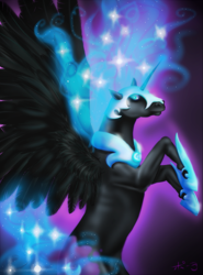 Size: 887x1200 | Tagged: safe, artist:jitterbugjive, imported from derpibooru, nightmare moon, alicorn, pony, ethereal mane, female, mare, realistic horse legs, rearing, solo, spread wings, starry mane, wings