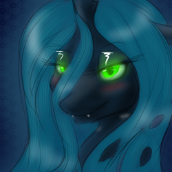 Size: 900x900 | Tagged: safe, artist:jitterbugjive, imported from derpibooru, queen chrysalis, changeling, changeling queen, blushing, bust, changelings in the comments, cute, cute little fangs, cutealis, fangs, female, glowing eyes, lidded eyes, portrait, solo