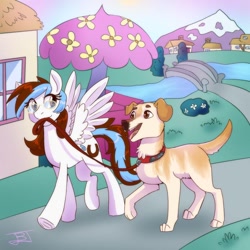 Size: 894x894 | Tagged: safe, artist:jitterbugjive, imported from derpibooru, oc, oc only, dog, golden retriever, pegasus, pony, bridge, collar, female, glasses, house, mare, mountain, mouth hold, river, solo, spread wings, stream, tree, walking, water, wings