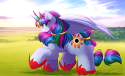 Size: 5555x3383 | Tagged: safe, artist:airiniblock, imported from derpibooru, oc, oc only, alicorn, pony, alicorn oc, commission, cutie mark, female, grass, mare, scenery, smiling, solo