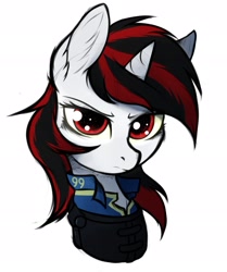 Size: 1600x1914 | Tagged: safe, artist:tatykin, imported from derpibooru, oc, oc only, oc:blackjack, pony, unicorn, fallout equestria, fallout equestria: project horizons, bust, ear fluff, fanfic art, looking at you, portrait, simple background, solo, vault security armor, white background