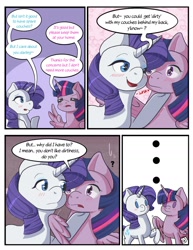 Size: 1024x1326 | Tagged: safe, artist:kingkero, imported from derpibooru, rarity, twilight sparkle, alicorn, pony, unicorn, comic:couches problem, blushing, comic, female, lesbian, mare, rarilight, shipping, twilight sparkle (alicorn)