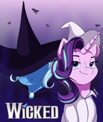 Size: 1024x1210 | Tagged: safe, artist:mindlesssketching, imported from derpibooru, starlight glimmer, trixie, pony, unicorn, crossover, hat, musical, poster, smiling, smirk, wicked, witch hat