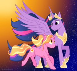 Size: 1200x1100 | Tagged: safe, artist:enigmadoodles, imported from derpibooru, luster dawn, twilight sparkle, alicorn, pony, unicorn, the last problem, duo, female, mare, older, older twilight, princess twilight 2.0, spread wings, teacher and student, twilight sparkle (alicorn), wings