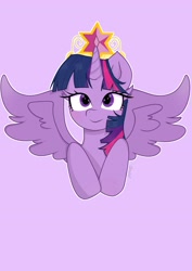 Size: 2894x4093 | Tagged: safe, artist:nutsfify, imported from derpibooru, twilight sparkle, alicorn, pony, big crown thingy, bust, cute, element of magic, female, high res, jewelry, mare, portrait, purple background, redraw, regalia, simple background, solo, spread wings, twiabetes, twilight sparkle (alicorn), wings