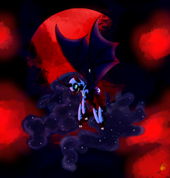 Size: 2204x2301 | Tagged: safe, artist:midnightfire1222, imported from derpibooru, nightmare moon, alicorn, bat pony, bat pony alicorn, pony, blood moon, cloven hooves, ethereal mane, female, mare, moon, nightmare night, solo, spread wings, starry mane, wings