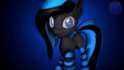 Size: 3840x2160 | Tagged: safe, artist:technickarts, imported from derpibooru, oc, oc only, oc:atrina, hybrid, pony, 3d, clothes, cute, happy, slit eyes, slit pupils, socks, solo, source filmmaker, striped socks, watermark