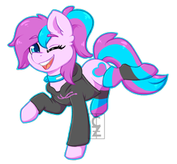 Size: 2102x1943 | Tagged: safe, artist:cleoziep, imported from derpibooru, oc, oc only, oc:panda shade, earth pony, pony, clothes, collar, female, hoodie, mare, one eye closed, simple background, socks, striped socks, transparent background, wink