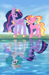 Size: 2900x4400 | Tagged: safe, artist:avrameow, imported from derpibooru, luster dawn, princess celestia, twilight sparkle, alicorn, pony, unicorn, the last problem, altered reflection, comparison, end of ponies, female, full circle, high res, looking at each other, mare, older, older twilight, princess twilight 2.0, reflection, teacher and student, twilight sparkle (alicorn), unicorn twilight, water