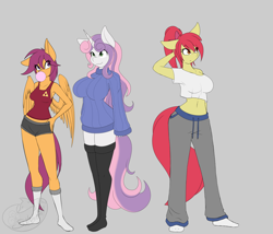 Size: 3500x3000 | Tagged: safe, artist:silverfox057, imported from derpibooru, apple bloom, scootaloo, sweetie belle, anthro, plantigrade anthro, ask nerdy scootaloo, big breasts, booty shorts, breasts, bubblegum, busty apple bloom, busty cmc, busty scootaloo, busty sweetie belle, clothes, cutie mark crusaders, female, food, gum, mare, midriff, older, older apple bloom, older cmc, older scootaloo, older sweetie belle, smiling, sweater puppies