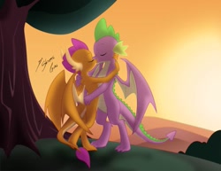 Size: 1017x786 | Tagged: safe, artist:shinta-girl, imported from derpibooru, smolder, spike, dragon, commission, couple, dragoness, eyes closed, female, hand on head, holding head, kiss on the lips, kissing, male, shipping, spolder, straight, tree