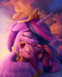 Size: 1200x1500 | Tagged: safe, artist:lollipony, imported from derpibooru, luster dawn, twilight sparkle, alicorn, pony, unicorn, the last problem, beautiful, cute, digital art, duo, eyes closed, female, floppy ears, heartwarming, hug, lusterbetes, mama twilight, mare, momlight sparkle, motherly, princess twilight 2.0, smiling, twiabetes, twilight sparkle (alicorn), winghug