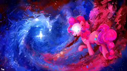 Size: 3200x1800 | Tagged: safe, artist:thefloatingtree, imported from derpibooru, pinkie pie, earth pony, pony, commission, cutie mark, digital art, female, glowing eyes, looking at you, looking back, looking back at you, mare, open mouth, smiling, solo, space, stars