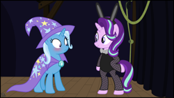 Size: 4314x2451 | Tagged: safe, artist:anime-equestria, imported from derpibooru, starlight glimmer, trixie, pony, unicorn, backstage, bipedal, blushing, bowtie, bunny ears, bunny suit, cape, clothes, curtains, cute, diatrixes, duo, female, fishnets, glimmerbetes, hat, hoof on hip, lesbian, outfit, playboy bunny, rope, shipping, smiling, stage, standing up, startrix, trixie's cape, trixie's hat, vector, wood, wooden floor