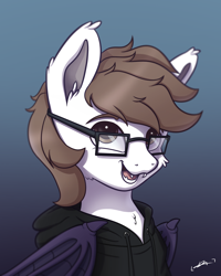 Size: 2800x3500 | Tagged: safe, artist:smowu, artist:syntaxartz, imported from derpibooru, oc, oc only, bat pony, pony, bat pony oc, bust, clothes, glasses, hoodie, portrait, solo