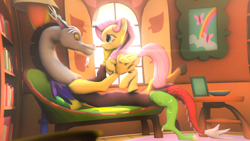 Size: 1920x1080 | Tagged: safe, imported from derpibooru, discord, fluttershy, draconequus, pegasus, pony, 3d, backlighting, duo, eye contact, female, fluttershy's cottage, fluttershy's cottage (interior), indoors, looking at each other, mare, revamped ponies, smiling, window