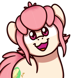 Size: 1000x1000 | Tagged: safe, artist:sugar morning, imported from derpibooru, oc, oc:hopple scotch, earth pony, pony, :3, bust, female, head tilt, looking at you, mare, open mouth, simple background, smiling, solo, sugar morning's smiling ponies, transparent background, ych result