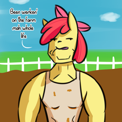 Size: 1443x1443 | Tagged: safe, artist:artiks, imported from derpibooru, apple bloom, anthro, apple brawn, chad, dialogue, fence, male, muscles, sleeveless shirt, solo, straw in mouth, swole