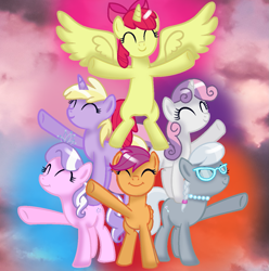 Size: 1155x1165 | Tagged: safe, artist:melodysweetheart, artist:zikathepony, imported from derpibooru, apple bloom, diamond tiara, dinky hooves, pinkie pie, scootaloo, silver spoon, sweetie belle, alicorn, pegasus, pony, unicorn, alicornified, alternate universe, base used, bloomicorn, cloud, cutie mark crusaders, race swap, sky