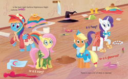 Size: 1686x1046 | Tagged: safe, artist:leire martin, imported from derpibooru, applejack, fluttershy, rainbow dash, rarity, pony, an egg-cellent costume party, spoiler:book, applejack also dresses in style, clothes, clown, clown outfit, clownity, confused, costume, frankenstein's monster, hat, little golden book, nightmare night, princess outfit, rainbow dash always dresses in style, witch hat