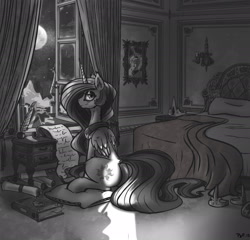 Size: 1890x1814 | Tagged: safe, artist:pzf, imported from derpibooru, princess celestia, princess luna, alicorn, pony, bedroom, book, canterlot, female, looking at you, monochrome, night, sitting, solo