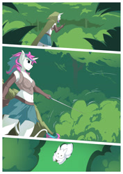 Size: 2480x3508 | Tagged: safe, artist:okata, imported from derpibooru, oc, oc:diamond mind, anthro, unicorn, comic:the hunt, animal, armor, armor skirt, armpits, cloak, clothes, comic, fighting stance, forest, gloves, leonine tail, long gloves, midriff, miniskirt, skirt, sword, unconvincing armor, weapon