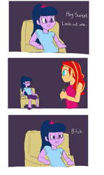 Size: 1491x2500 | Tagged: dead source, safe, artist:pettypop, imported from derpibooru, sci-twi, sunset shimmer, twilight sparkle, equestria girls, equestria girls series, spoiler:eqg series (season 2), 3 panel comic, bitch, comic, the eric andre show, vulgar