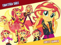 Size: 1440x1080 | Tagged: safe, deleted from derpibooru, edit, imported from derpibooru, sunset shimmer, pony, unicorn, equestria girls, bikini, clothes, cutie mark, female, females only, guitar, headphones, mare, musical instrument, open mouth, pants, ponied up, ponified, shoes, shorts, skirt, swimsuit, vector, wallpaper, wallpaper edit