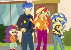 Size: 1500x1053 | Tagged: safe, artist:chuyryu, imported from derpibooru, flash sentry, sunset shimmer, oc, oc:aura dawn, oc:evening glow(chuyryu), equestria girls, belly button, father and child, father and daughter, female, flashimmer, future, male, mama sunset, mother and child, mother and daughter, offspring, older, older flash sentry, older sunset, parent:flash sentry, parent:sunset shimmer, parents:flashimmer, principal sunset, shipping, siblings, sisters, straight