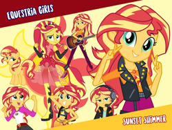 Size: 1440x1080 | Tagged: safe, artist:famousmari5, artist:keronianniroro, artist:sugar-loop, artist:twilirity, artist:whalepornoz, imported from derpibooru, sunset shimmer, pony, unicorn, equestria girls, equestria girls series, forgotten friendship, game stream, legend of everfree, let it rain, spoiler:eqg series (season 2), bikini, camp everfree outfits, camper, clothes, cute, cutie mark, female, geode of empathy, guitar, headphones, looking at you, magical geodes, mare, musical instrument, open mouth, pants, ponied up, shoes, shorts, skirt, super ponied up, swimsuit, vector, wallpaper