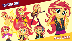 Size: 1920x1080 | Tagged: safe, artist:famousmari5, artist:keronianniroro, artist:sugar-loop, artist:twilirity, artist:whalepornoz, imported from derpibooru, sunset shimmer, pony, unicorn, equestria girls, equestria girls series, forgotten friendship, game stream, legend of everfree, let it rain, spoiler:eqg series (season 2), bikini, camp everfree outfits, camper, clothes, cute, cutie mark, female, geode of empathy, guitar, headphones, looking at you, magical geodes, mare, musical instrument, open mouth, pants, ponied up, shoes, shorts, skirt, super ponied up, swimsuit, vector, wallpaper