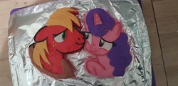 Size: 4032x1960 | Tagged: safe, imported from derpibooru, big macintosh, sugar belle, arts and crafts, cake, cheek squish, craft, eye contact, food, hearts and hooves day, irl, looking at each other, looking at someone, photo, squishy cheeks