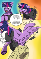 Size: 2480x3507 | Tagged: safe, artist:mcsplosion, imported from derpibooru, twilight sparkle, alicorn, pony, comic:twi-tulpa, clothes, comic, crying, faic, floppy ears, frog (hoof), human to pony, male to female, pain, rule 63, screaming, shirt, shorts, transformation, transgender transformation, twilight sparkle (alicorn), underhoof