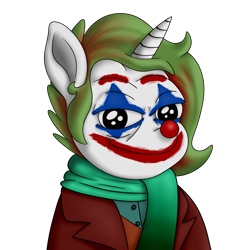 Size: 3600x3795 | Tagged: safe, artist:xchan, imported from derpibooru, oc, oc only, oc:cotton coax, pony, unicorn, absurd resolution, clothes, clown, clown nose, face paint, high res, joker (2019), meme, ponified, red nose, scarf, simple background, solo, suit, the joker, transparent background