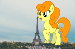 Size: 1280x834 | Tagged: safe, artist:thegiantponyfan, imported from derpibooru, carrot top, golden harvest, earth pony, pony, eiffel tower, female, france, giant pony, giantess, highrise ponies, irl, macro, mare, photo, ponies in real life