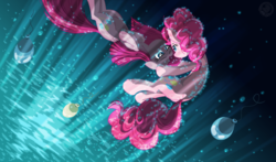 Size: 5600x3300 | Tagged: safe, artist:template93, imported from derpibooru, pinkie pie, pony, absurd resolution, balloon, bubble, comforting, crying, floating, light, ocean, pinkamena diane pie, smiling, underwater