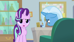 Size: 1280x720 | Tagged: safe, imported from derpibooru, screencap, starlight glimmer, trixie, pony, student counsel, couch, floppy ears, starlight's office