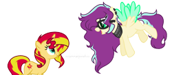 Size: 1024x450 | Tagged: dead source, safe, artist:yourrdazzle, imported from derpibooru, sunset shimmer, oc, oc:serenity sound, pegasus, pony, female, glasses, mare, simple background, transparent background, two toned wings, wings