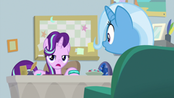 Size: 1920x1080 | Tagged: safe, imported from derpibooru, screencap, starlight glimmer, trixie, pony, student counsel, bracelet, couch, geode, inkwell, jewelry, quill, starlight's office