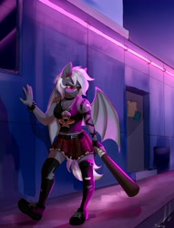 Size: 3153x4134 | Tagged: safe, artist:verashelenberg, imported from derpibooru, oc, oc only, oc:sak, anthro, bat pony, plantigrade anthro, vampire, vampony, anthro oc, badass, baseball bat, bat pony oc, belt, clothes, female, gothic, mare, miniskirt, plaid skirt, pleated skirt, shoes, skirt, socks, solo, thigh highs, zettai ryouiki