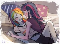 Size: 1621x1197 | Tagged: safe, artist:tcn1205, imported from derpibooru, rainbow dash, twilight sparkle, human, equestria girls, bed, blushing, eyes closed, female, grin, lesbian, shipping, smiling, twidash, twilight sparkle (alicorn)