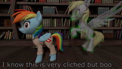 Size: 3840x2160 | Tagged: safe, artist:northern haste, imported from derpibooru, derpy hooves, rainbow dash, ghost, pegasus, pony, 3d, 4k, cliche, dialogue, duo, female, floating, ghostbusters, mare, revamped ponies, source filmmaker, text, translucent, wings