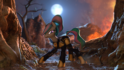 Size: 1920x1080 | Tagged: safe, artist:certedia, artist:discopears, imported from derpibooru, princess celestia, alicorn, pony, 3d, angry, armor, embers, female, fire, looking at you, moon, scenebuild, solo, source filmmaker, warrior, warrior celestia